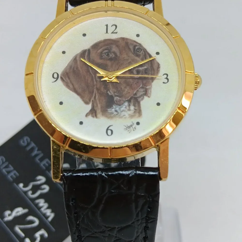 German Pointer 33mm Women's Gold Tone Black Leather Band Dog Watch